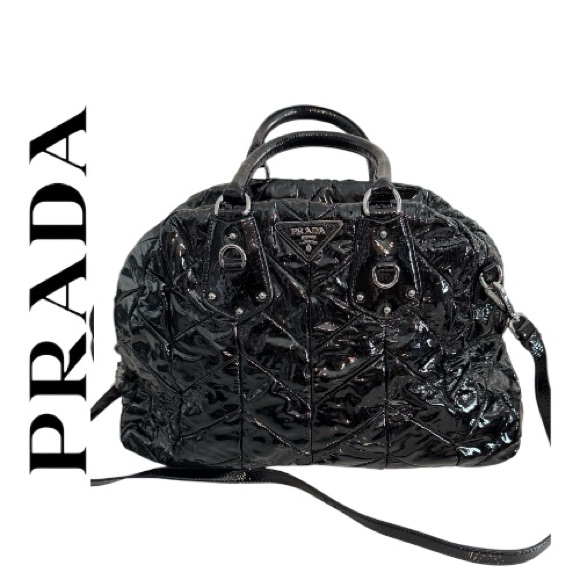 Vintage Prada Black Patent Leather Quilted Shoulder Bag Large